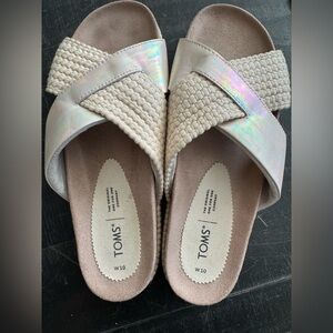 Toms Womens Size 10 Silver Gold Holograph Woven Trim Paloma Platform Slide